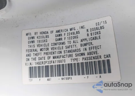 2015 Honda Accord Lx из США, поврежденный, VIN 1HGCR2F30FA116870